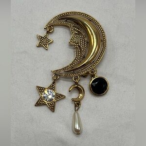 Juliana Delizza Elster Man In The Moon Brooch Star Faux Pearl Black Rhinestone